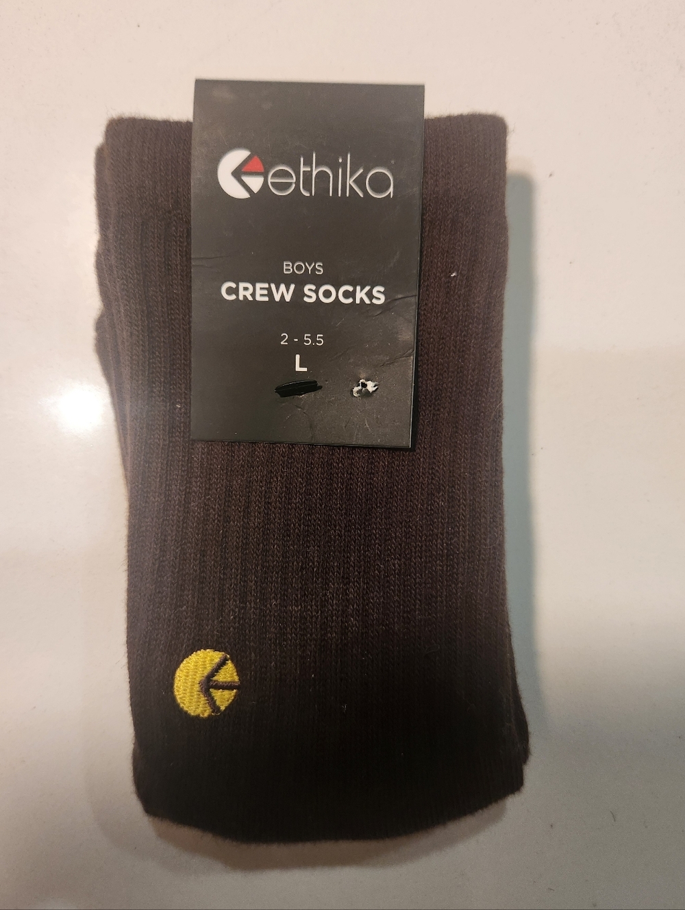 NWT Boy's ethika Brown Crew Socks with Yellow Logo